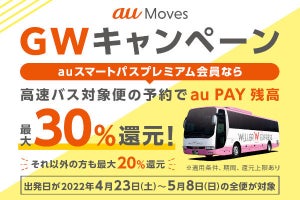GWにまだ間に合う！au PAYで高速バスを予約すると最大30％還元