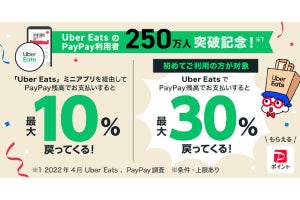 PayPay×Uber Eats、ミニアプリで10％還元＆初回利用で30％還元