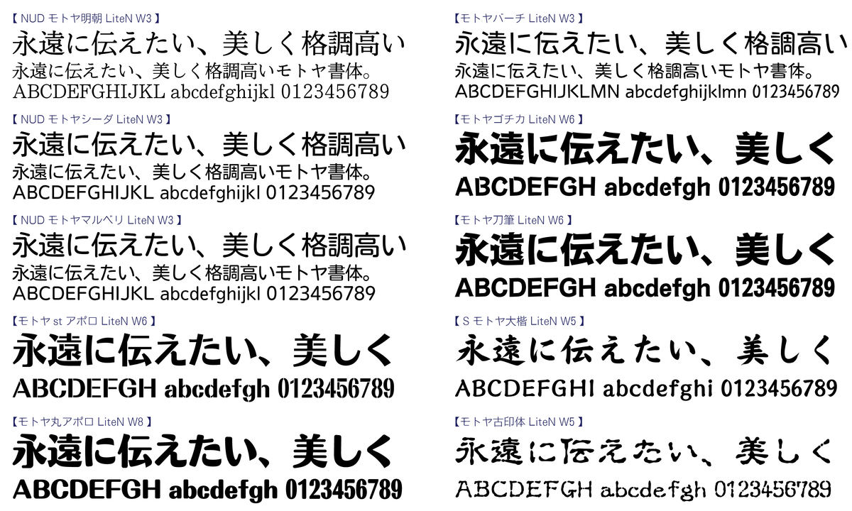 モトヤフォントlite対応書体