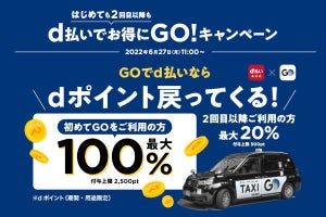 d払い、タクシーアプリ「GO」で初回100％還元 - 2回目以降も最大20％還元
