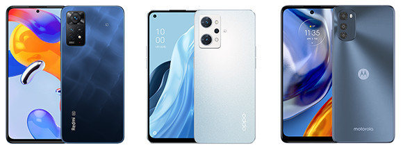 左から順に、Redmi Note 11 Pro 5G、OPPO Reno7 A、moto e32s