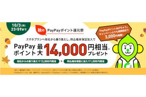 LINEMO、MNPで最大14,000円相当がもらえる「秋のPayPayポイント還元祭」