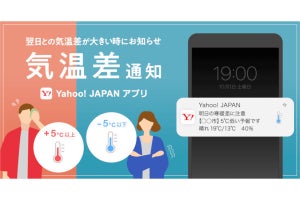Yahoo! JAPANアプリ、当日／翌日で5℃以上の寒暖差を知らせる「気温差通知」機能