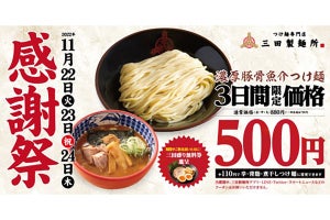 三田製麺所「濃厚豚骨魚介つけ麺」が3日間限定でが500円に! 4年ぶりの感謝祭