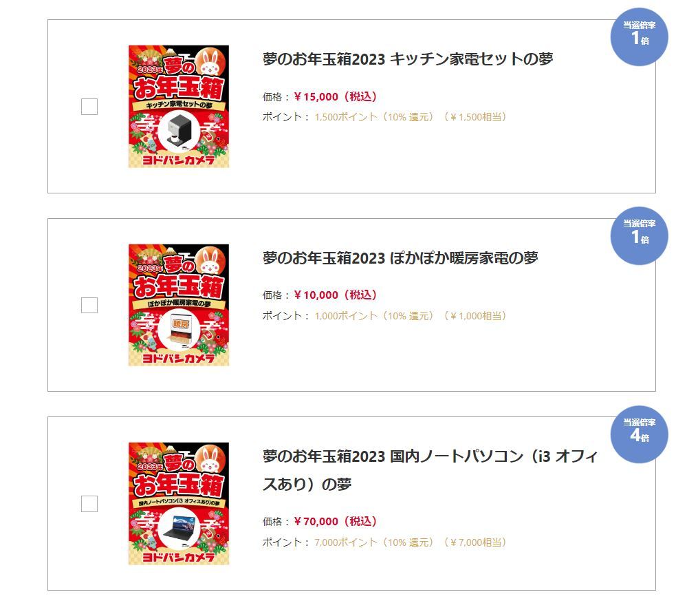 ヨドバシ「夢のお年玉箱」2023年版は50種類、現時点での倍率1位は？ | マイナビニュース