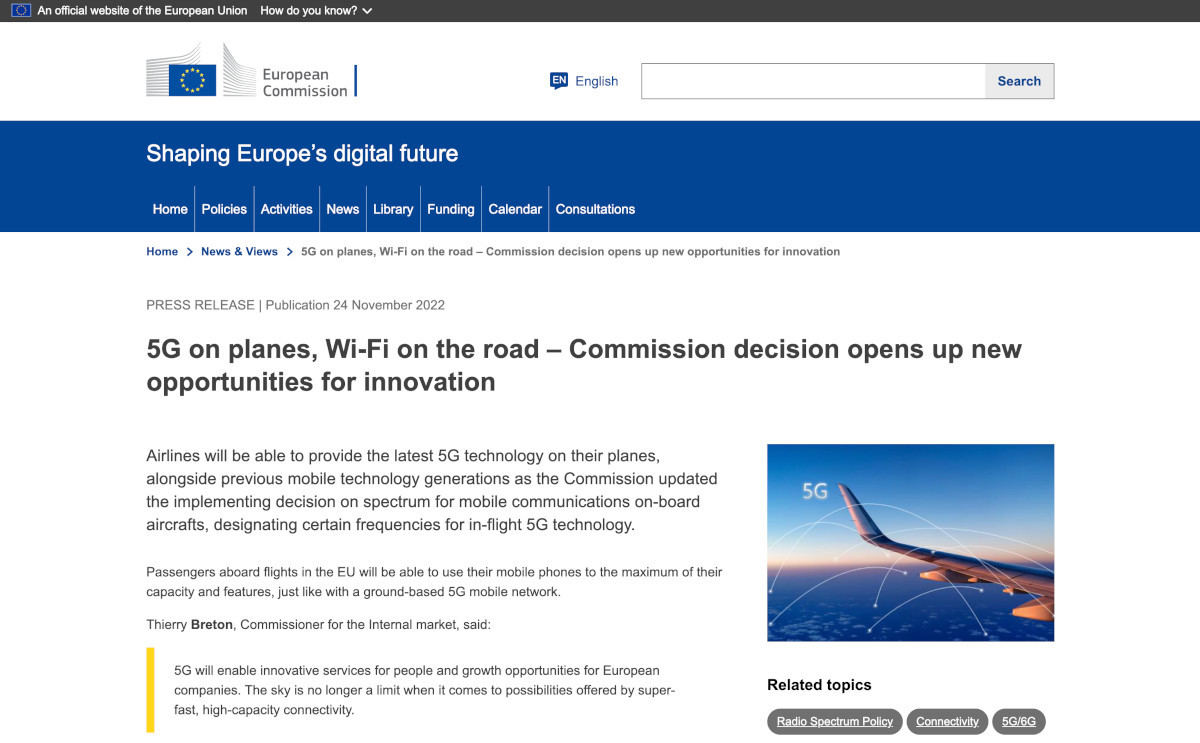 航空機内で5Gサービスの提供を発表 - 欧州委員会