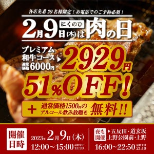 肉の日(2月9日)限定!最高級コースが飲み放題付【6,000円→2,929円に】-肉屋の台所