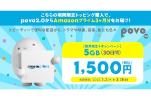 povo2.0、期間限定の5GBトッピング購入でAmazonプライム3カ月分プレゼント