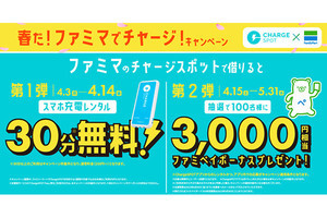 ChargeSPOT、30分無料／ポイントプレゼントなどファミマと連携キャンペーン