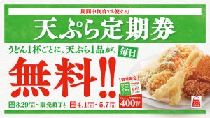 【はなまる】最強のサブスク「天ぷら定期券」登場! うどん1杯ごとに天ぷら1品が何度でも無料に! 