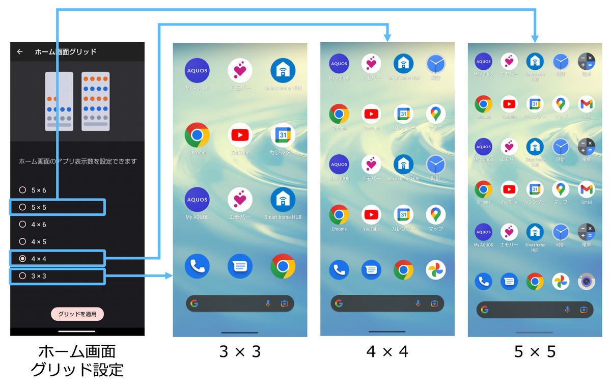 AQUOS Homeのアイコン数の調整