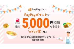 PayPayグルメ、4月のキャンペーン内容を発表 - 最大5,000円お得な「ポイント祭」など