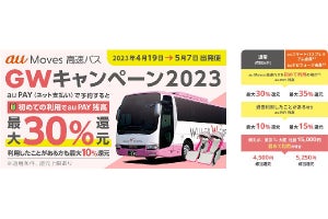 「au Moves 高速バス」初回利用ならGW中のバス予約で30％還元
