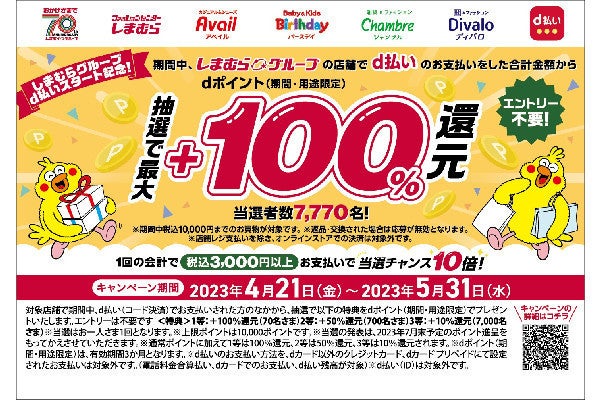 しまむら／アベイルなどが「d払い」に対応、最大100％還元の抽選キャンペーンも実施 | マイナビニュース