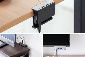 クリップで机やディスプレイ端に固定できるUSBハブ、USB-C／A接続の2種展開