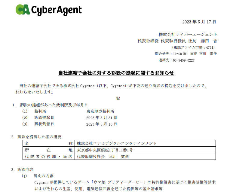 「ウマ娘」サイゲ、コナミから特許侵害で提訴される - ネットは騒然「えらいこっちゃ」「他のゲームもヤバい」