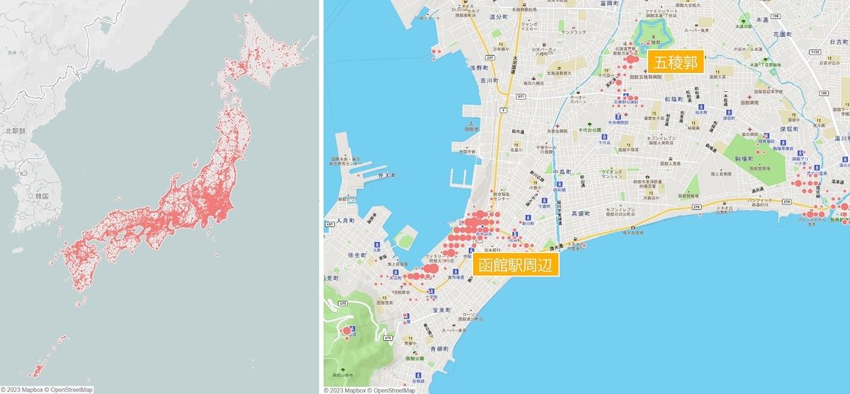 旅行者と推定した滞在エリアプロット(左)全国、(右)函館周辺