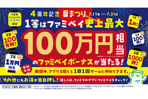 ファミマで最大100万円相当が当たる「ファミペイ4周年記念夏まつり」! dポイント・楽天ポイント・Tカード連携で最大4万ポイント当たるキャンペーンも