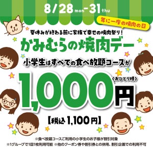 【4日間限定】小学生はすべての食べ放題コースが1,100円!!「かみむらの焼肉デー」