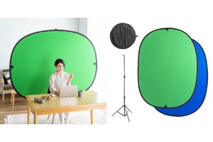 ブルー／グリーンの2色で使えるリバーシブル仕様の折りたたみ式クロマキースクリーン