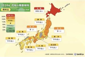 2024年の花粉飛散量は例年より多い見込み、北海道は非常に多い予想 - 日本気象協会発表