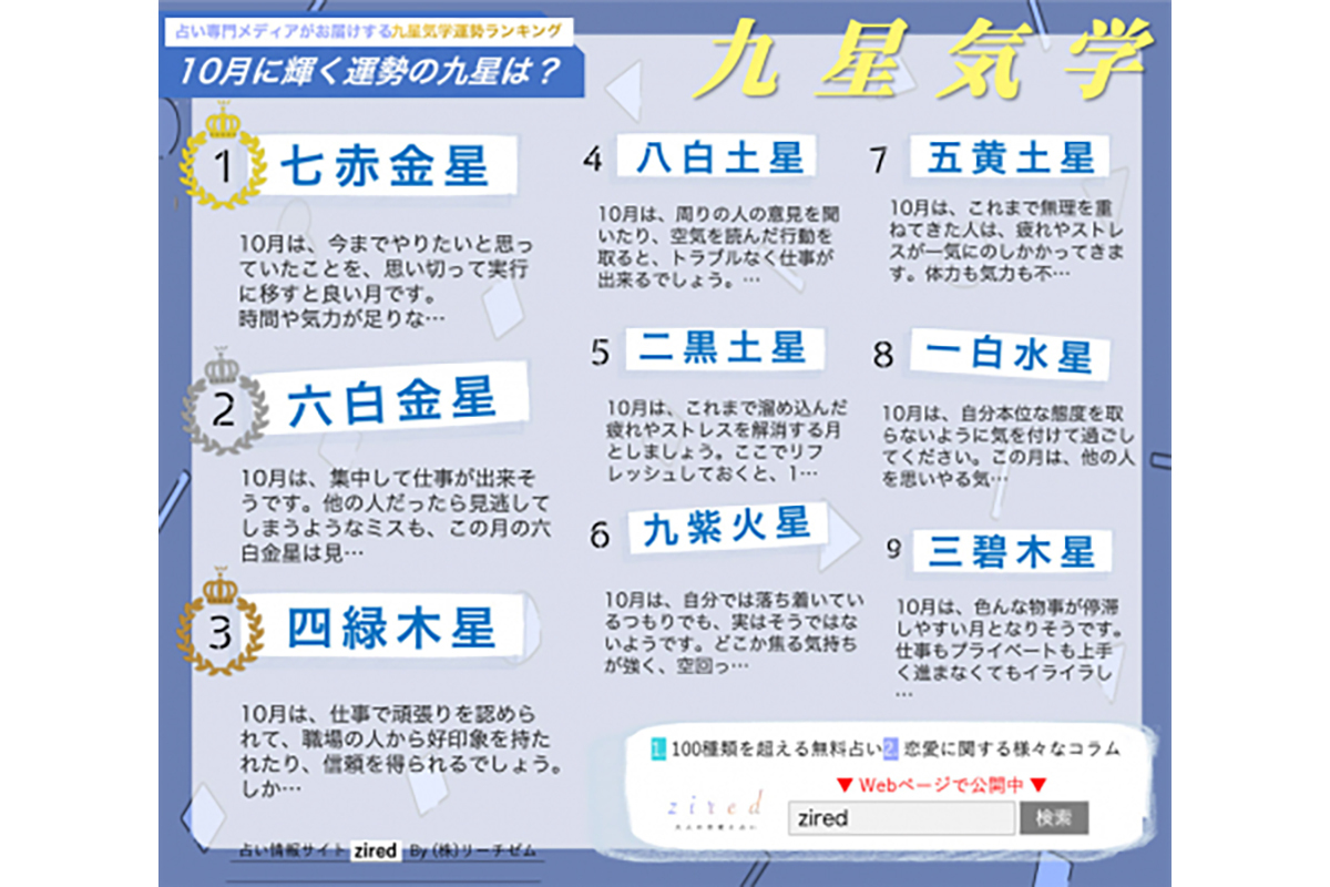 九星気学占い】2023年10月運勢ランキング、1位は？ | マイナビニュース