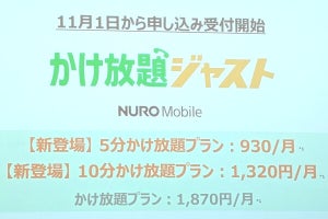 NUROモバイル「かけ放題ジャスト」プラン、5分かけ放題＋データ1GBで930円から