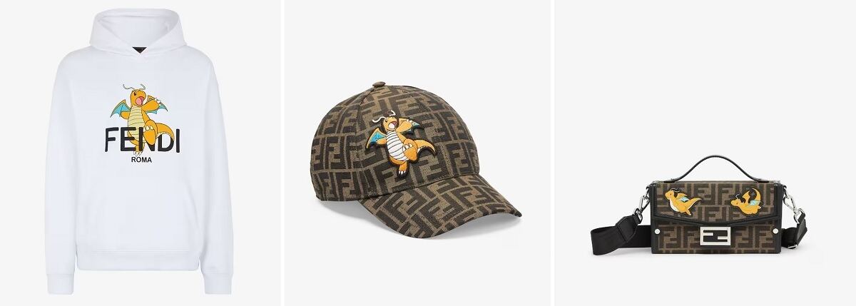 メンズ「FENDI x FRGMT x POKÉMON」(左から)スウェットシャツ(16万8,300円)、ベースボールキャップ(8万8,000円)、バゲット ソフトトランク(31万9,000円)