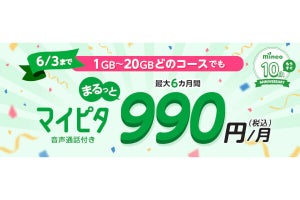 mineo、「マイピタ」の音声SIM全容量を6カ月間990円で使えるキャンペーン