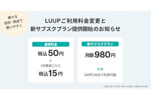LUUP、基本料金50円＋15円／分に料金改定 - 新サブスクプランも提供
