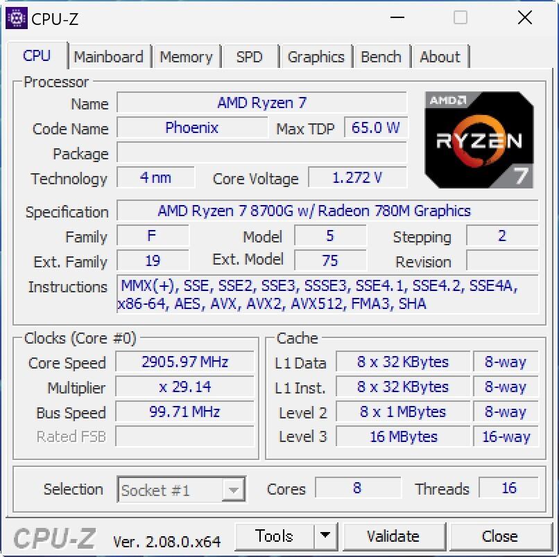 Photo06: Ryzen 7 8700GのCPU-Z表示。Core Voltageが1.272Vというのはどういうことだろう？