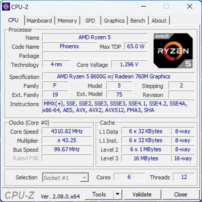 Photo08: Ryzen 5 8600GのCPU-Z表示。Core Voltageはほぼ1.3Vに。
