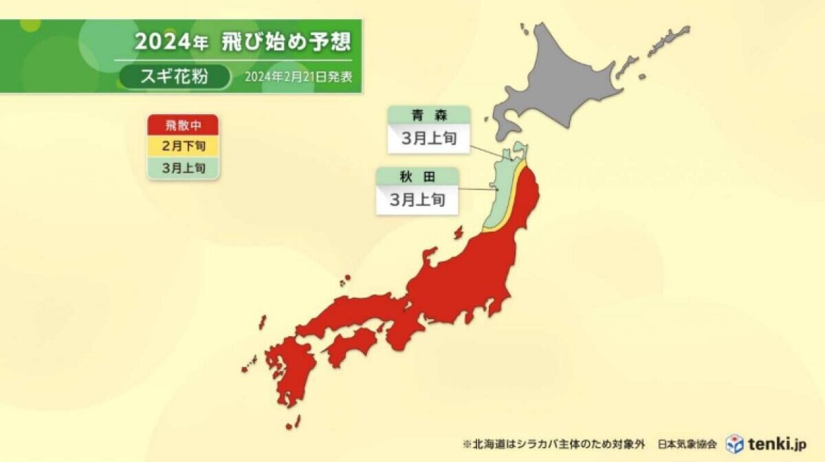 スギ花粉、飛び始め予想