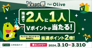 三井住友カード、2人に1人Vポイントが当たる「Vポイント祭 for Olive」開催! 当選ポイントが2倍になるチャンスも