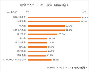 温泉で入ってみたい泉質ランキング、上位は「炭酸水素塩泉」ともう一つは?