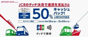 JCBのタッチ決済で公共交通機関に乗車で50%キャッシュバック!