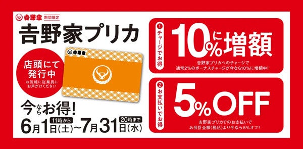 吉野家の電子マネー「吉野家プリカ」ボーナスチャージが期間限定で10%増額! 会計金額も5%オフに | マイナビニュース