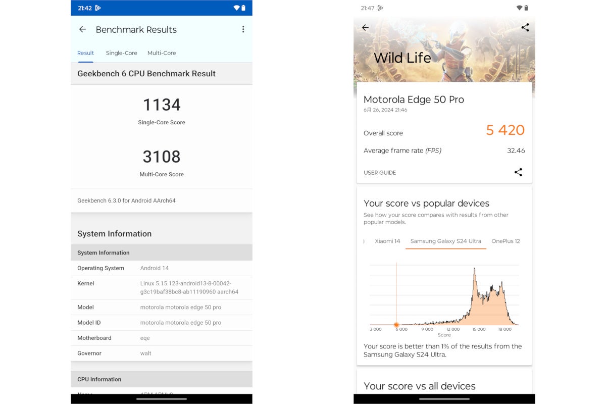 Geekbench 6と3DMark（Wild Life）のベンチマークスコア