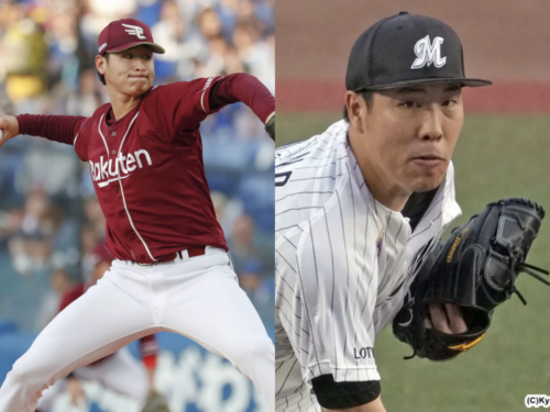 楽天・内星龍、ロッテ・西野勇士 (C)Kyodo News