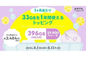 povo2.0、1年間有効の大容量プラン3種類　396GBで29,800円など