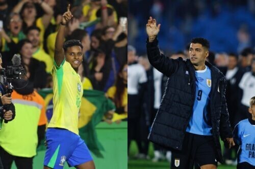 ブラジル代表FWロドリゴ（左）、ウルグアイ代表FWルイス・スアレス（右） [写真]＝Getty Images