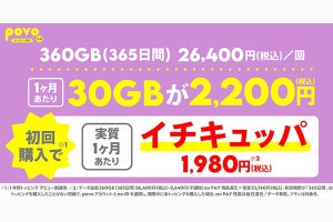 povo2.0、「データ追加360GB（365日間）」26,400円を定番トッピングに追加