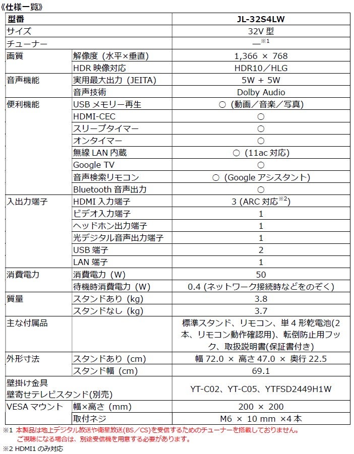 「L-32S4LW」スペック表