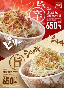 すき家、シャキシャキ「白髪ねぎ牛丼」とピり辛「赤だれ白髪ねぎ牛丼」を発売