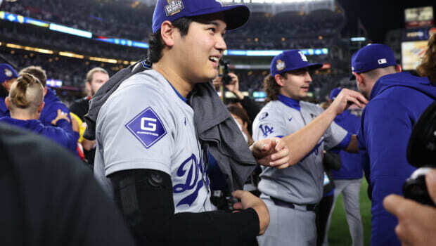 NEW YORK, NEW YORK - OCTOBER 30:  Shohei Ohtani #17 of the Los Angeles Dodgers celebrates with teammates after the Dodgers defeated the New York Yankees 7-6 in game 5 to win the 2024 World Series at Yankee Stadium on October 30, 2024 in the Bronx borough of New York City. (Photo by Elsa/Getty Images)