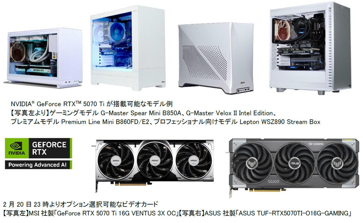 タワー型からコンパクト型まで、GeForce RTX 5070 Ti搭載モデルを幅広くラインナップ