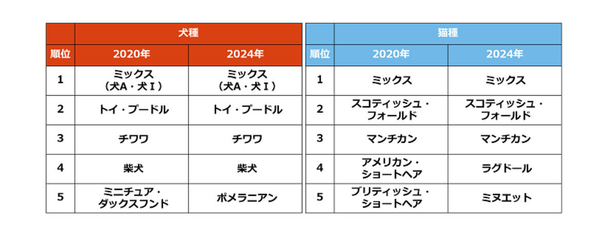 【犬・猫部門:2020年・2024年ランキング比較】