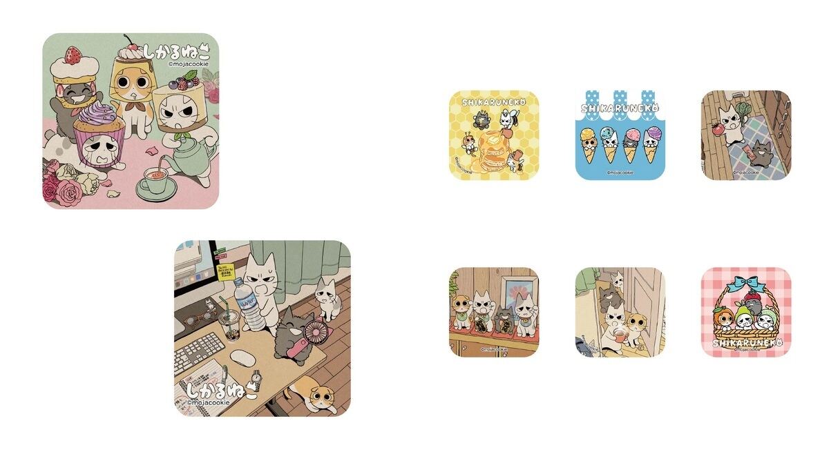 「キミのそばに しかるねこ POP UP SHOP」(左)ステッカー、(右)ランダム缶バッジ