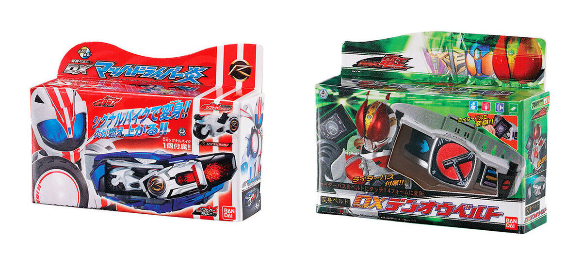 ガシャポン「仮面ライダーシリーズ DXミニチュア&パッケージコレクション01」(左)DXマッハドライバー炎、(右)DXデンオウベルト