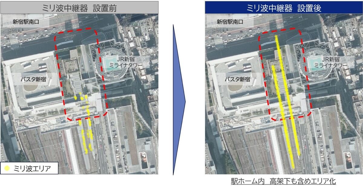 ミリ波中継器設置前後のミリ波エリアの比較